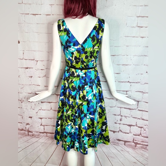 DAVID MEISTER Belted Fit & Flare Blue Green Floral Cocktail Party Dress Size 2 - Picture 7 of 16